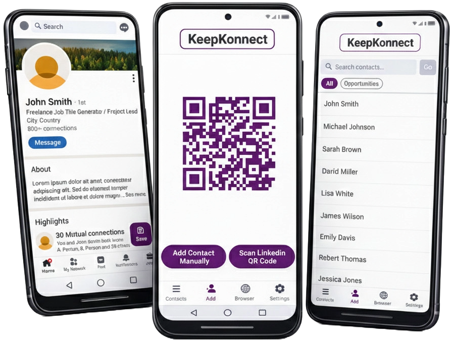 KeepKonnect app showing contacts list, QR code sharing, and LinkedIn integration across three phone screens
